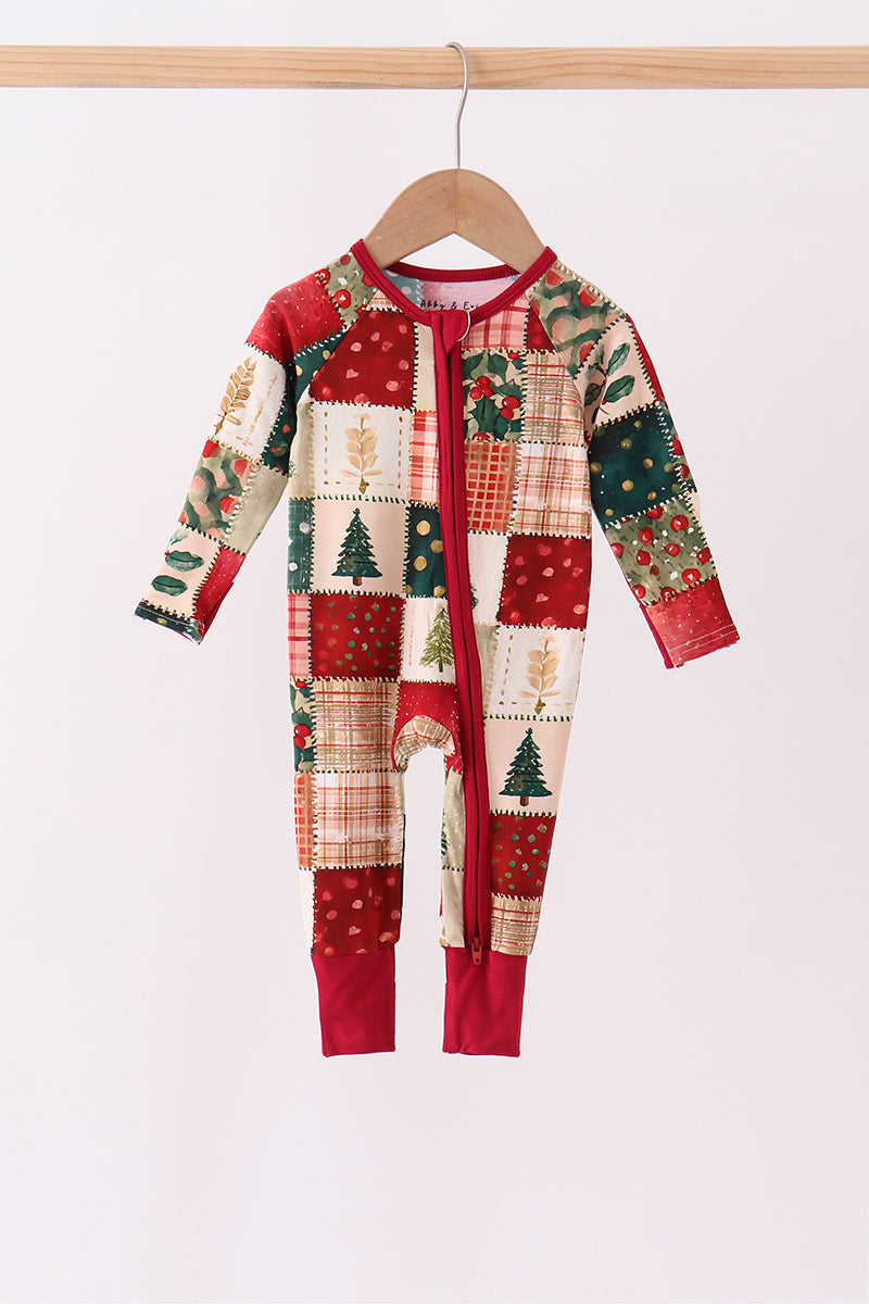 Maroon Checkered Tree Bamboo Romper