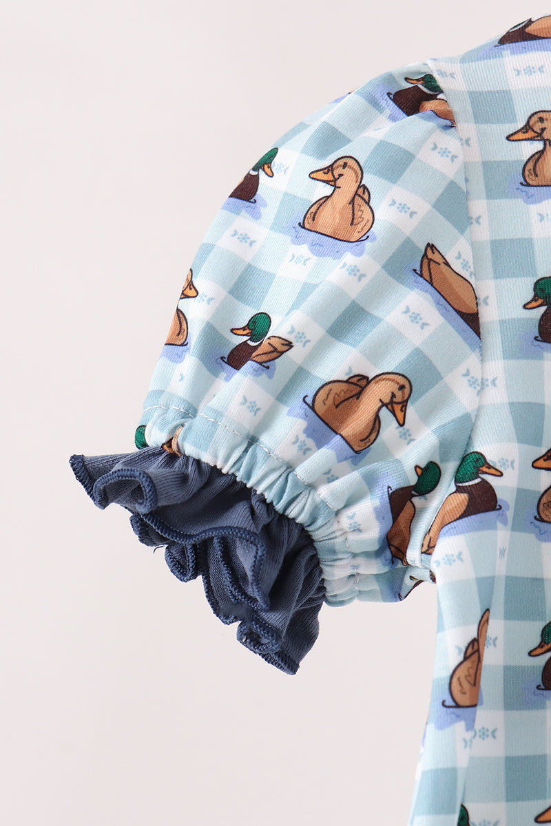 Blue mallard duck embroidery ruffle romper