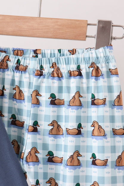 Blue mallard duck embroidery ruffle pants set