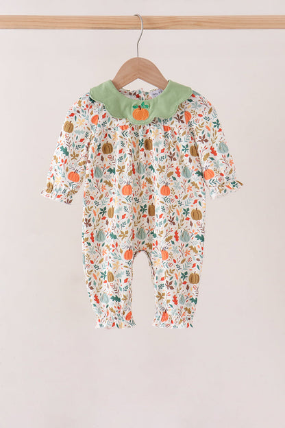 Fall pumpkin embroidery leaves romper