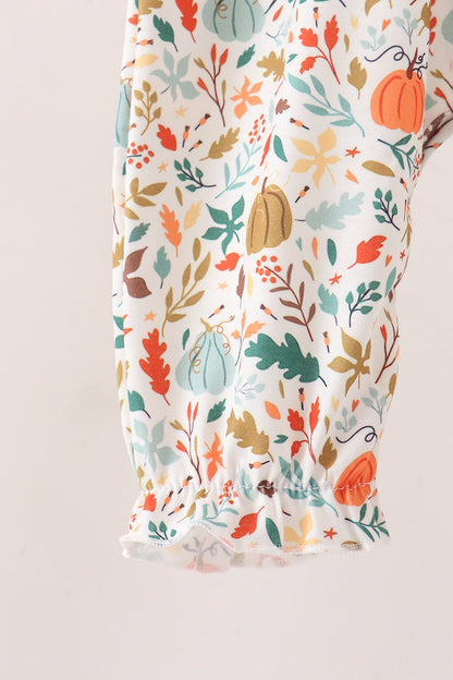 Fall pumpkin embroidery leaves romper