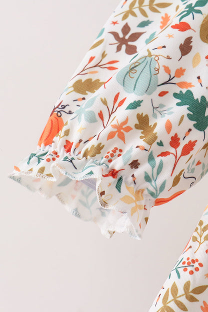 Sage pumpkin embroidery leaves ruffle pants set