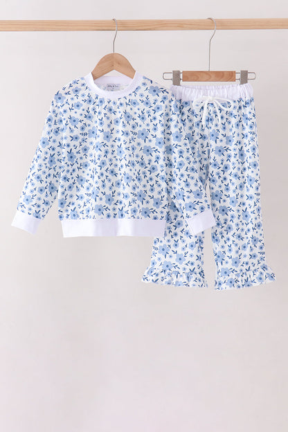Blue ditsy floral print pants set