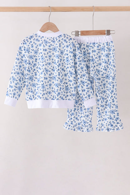 Blue ditsy floral print pants set