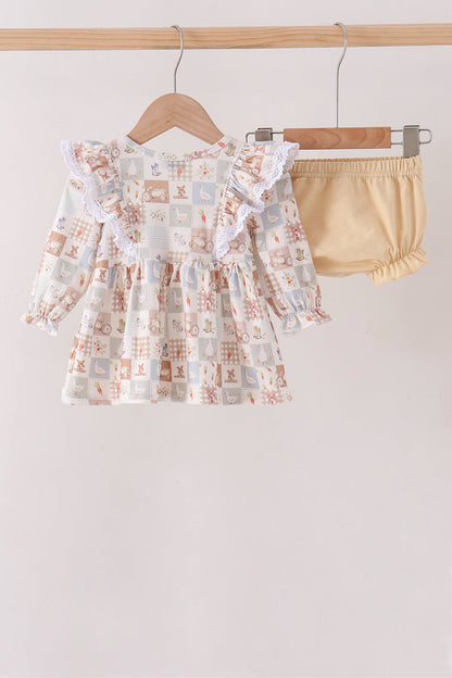Khaki farm checkered ruffle bloomer set
