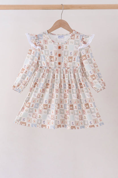 Khaki farm checkered ruffle dress