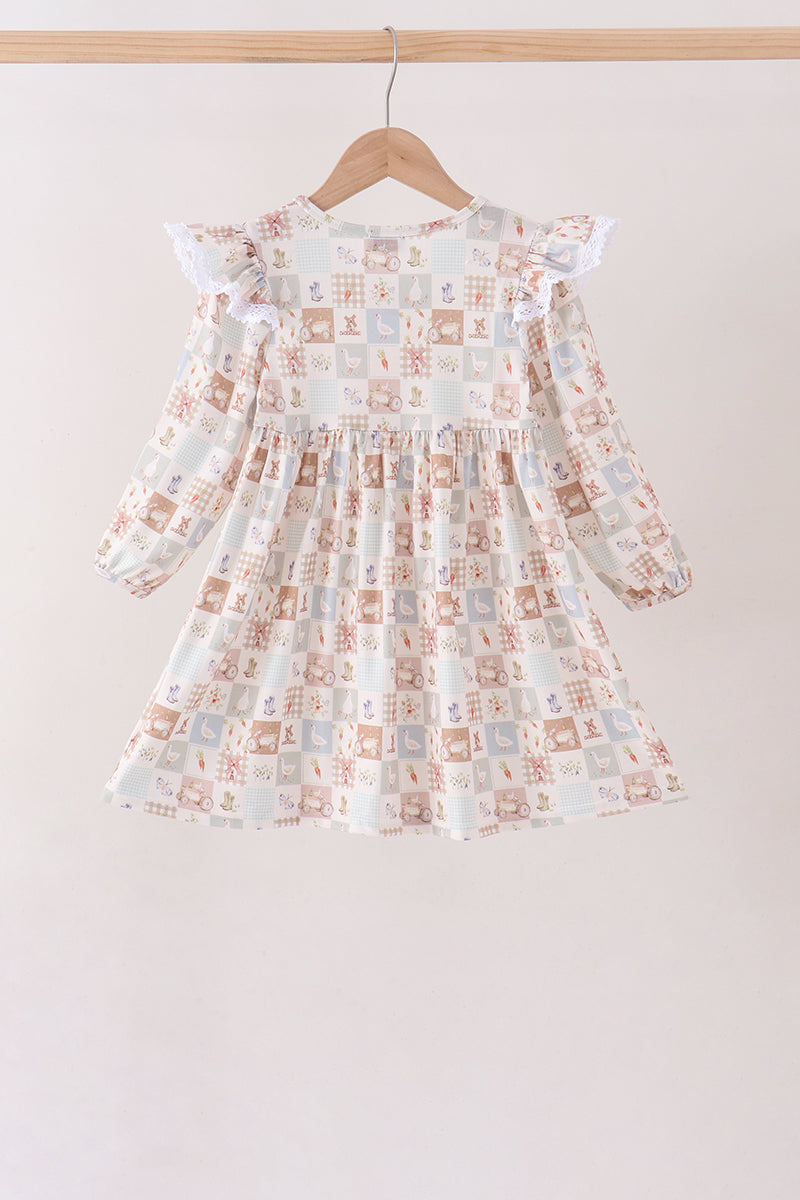 Khaki farm checkered ruffle dress