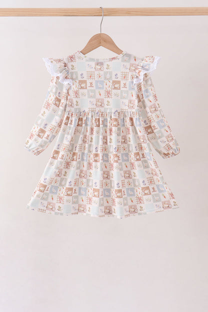 Khaki farm checkered ruffle dress
