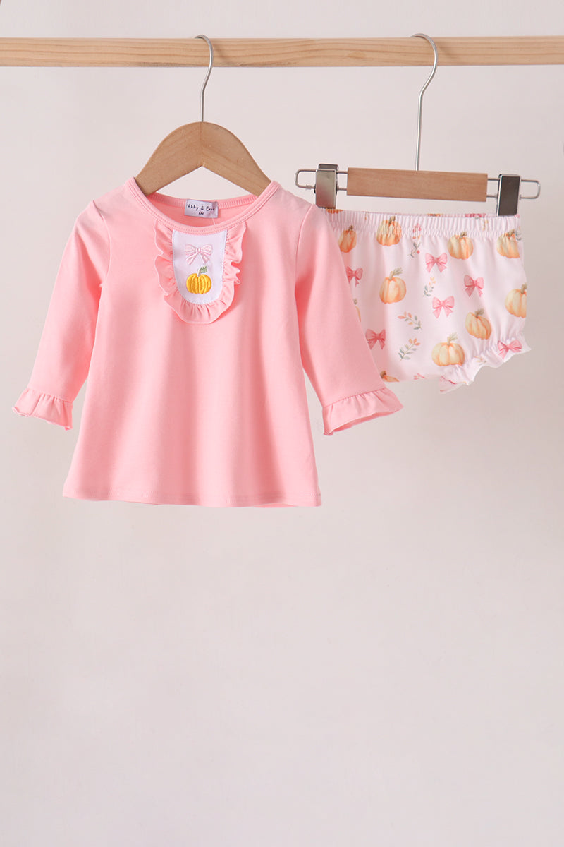 Pink pumpkin bow embroidery ruffle bloomer set