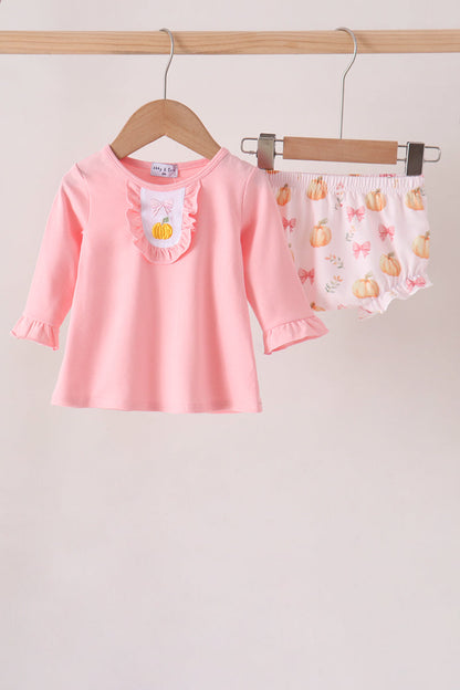 Pink pumpkin bow embroidery ruffle bloomer set