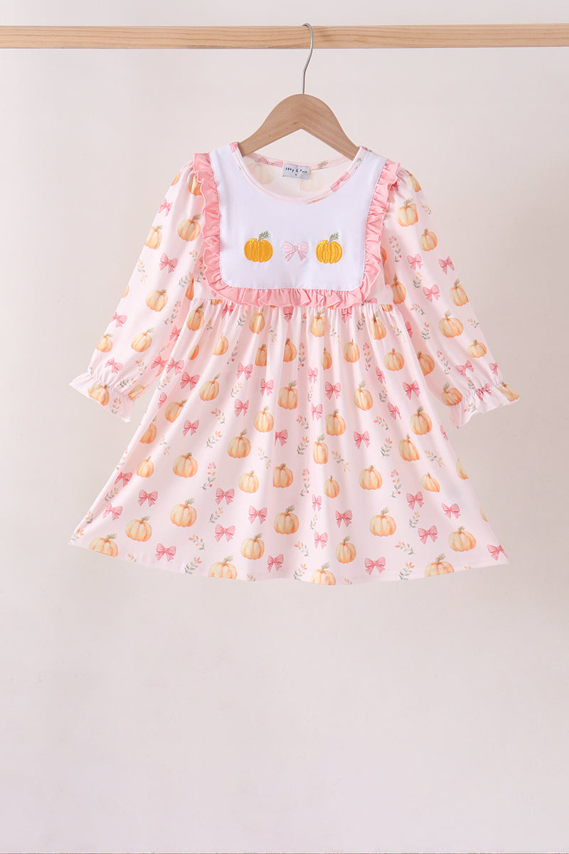 Pink pumpkin bow embroidery ruffle dress