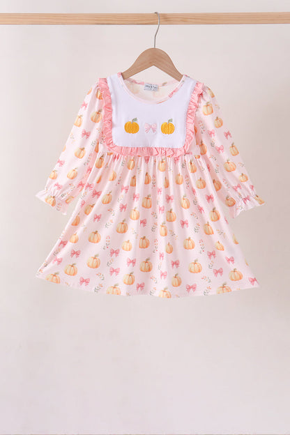 Pink pumpkin bow embroidery ruffle dress