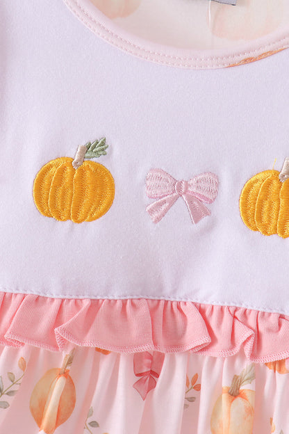 Pink pumpkin bow embroidery ruffle dress