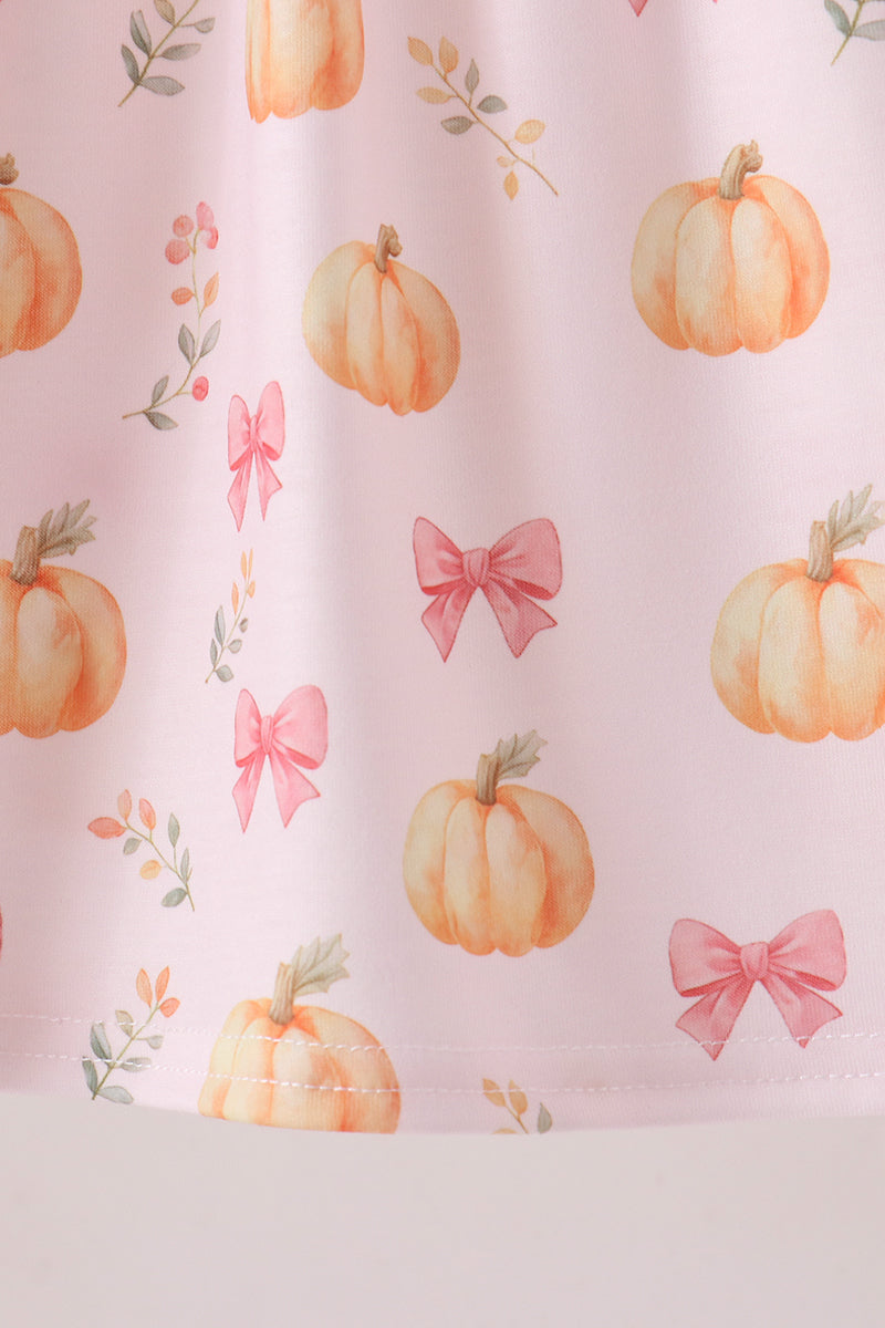 Pink pumpkin bow embroidery ruffle dress