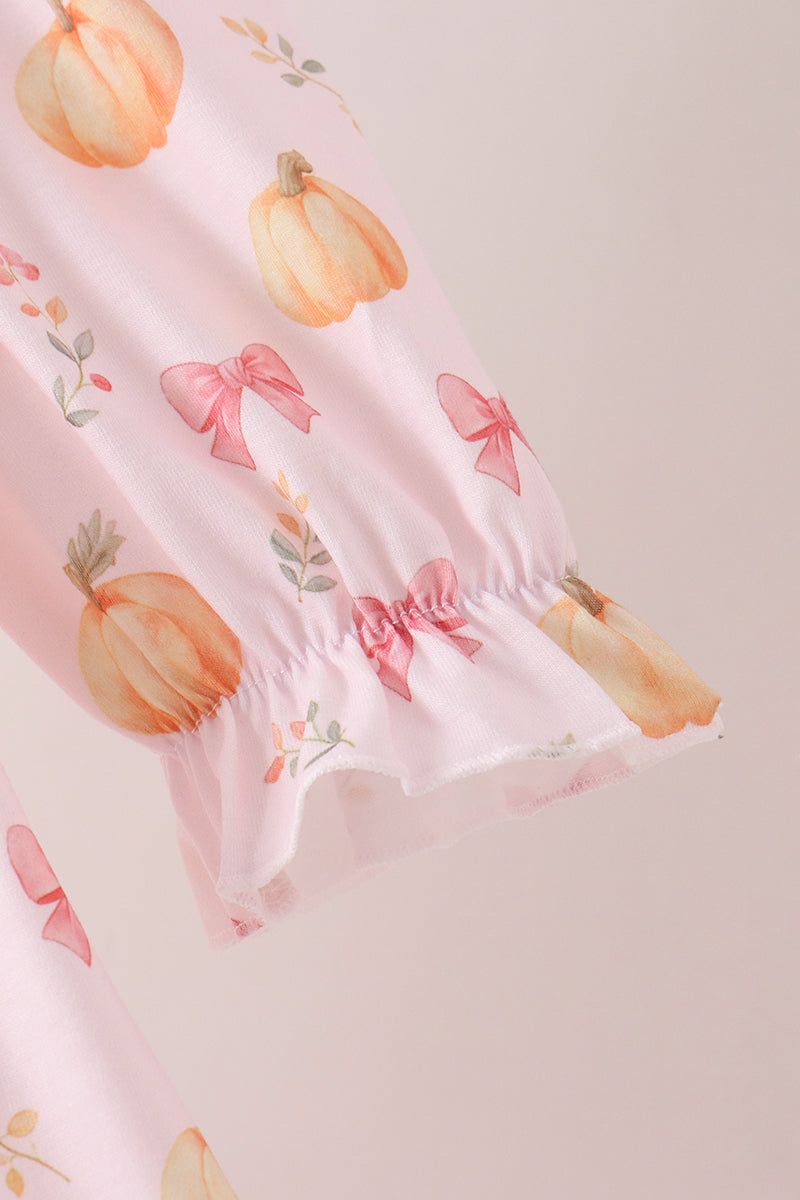Pink pumpkin bow embroidery ruffle dress