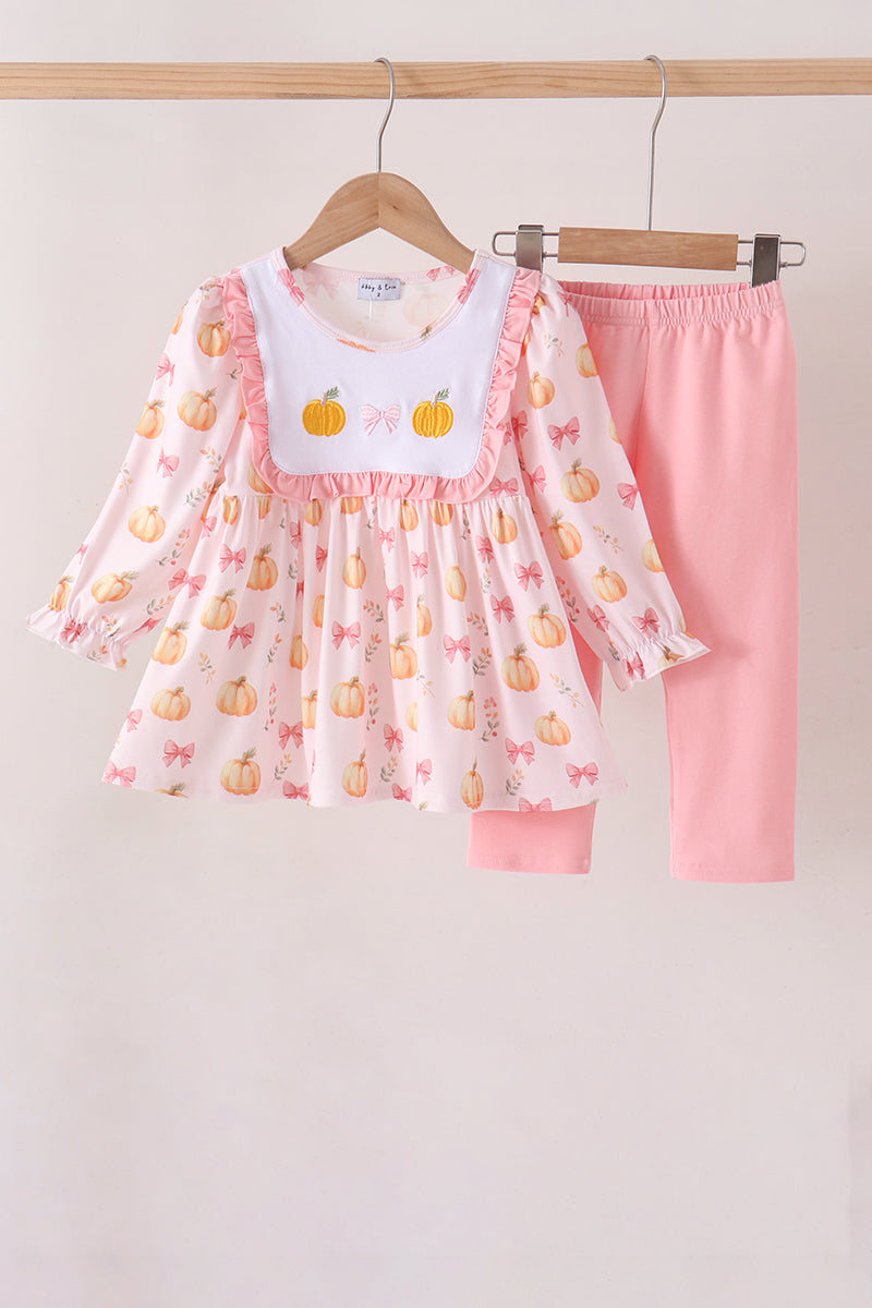 Pink pumpkin bow embroidery ruffle pants set