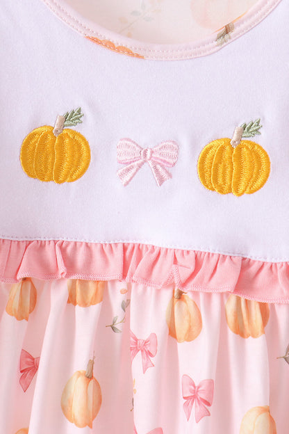 Pink pumpkin bow embroidery ruffle pants set