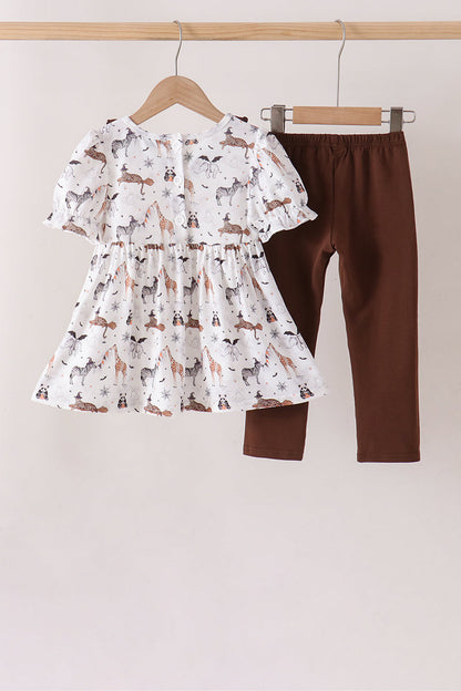Brown zoo animal ruffle pants set