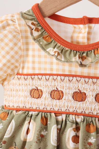 Vintage pumpkin smocked ruffle bubble