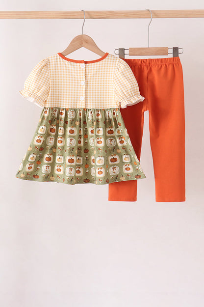 Vintage pumpkin smocked ruffle pants set