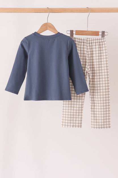 Teal cotton embroidery gingham pants set