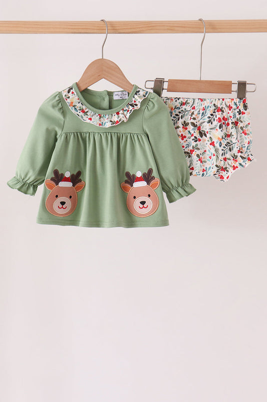 Sage Reindeer Applique Ruffle Bloomer Set