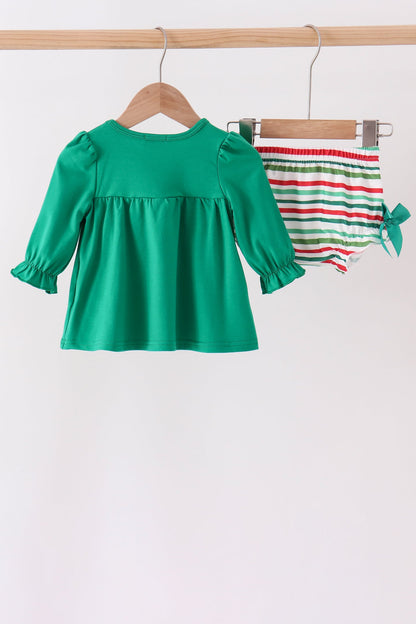 Green christmas tree bow applique stripe bloomer set