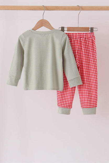 Sage santa applique gingham pants set