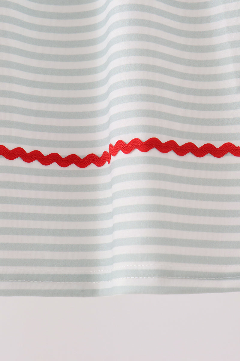 Sage santa applique gingham ruffle stripe dress