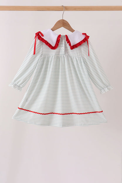 Sage santa applique gingham ruffle stripe dress