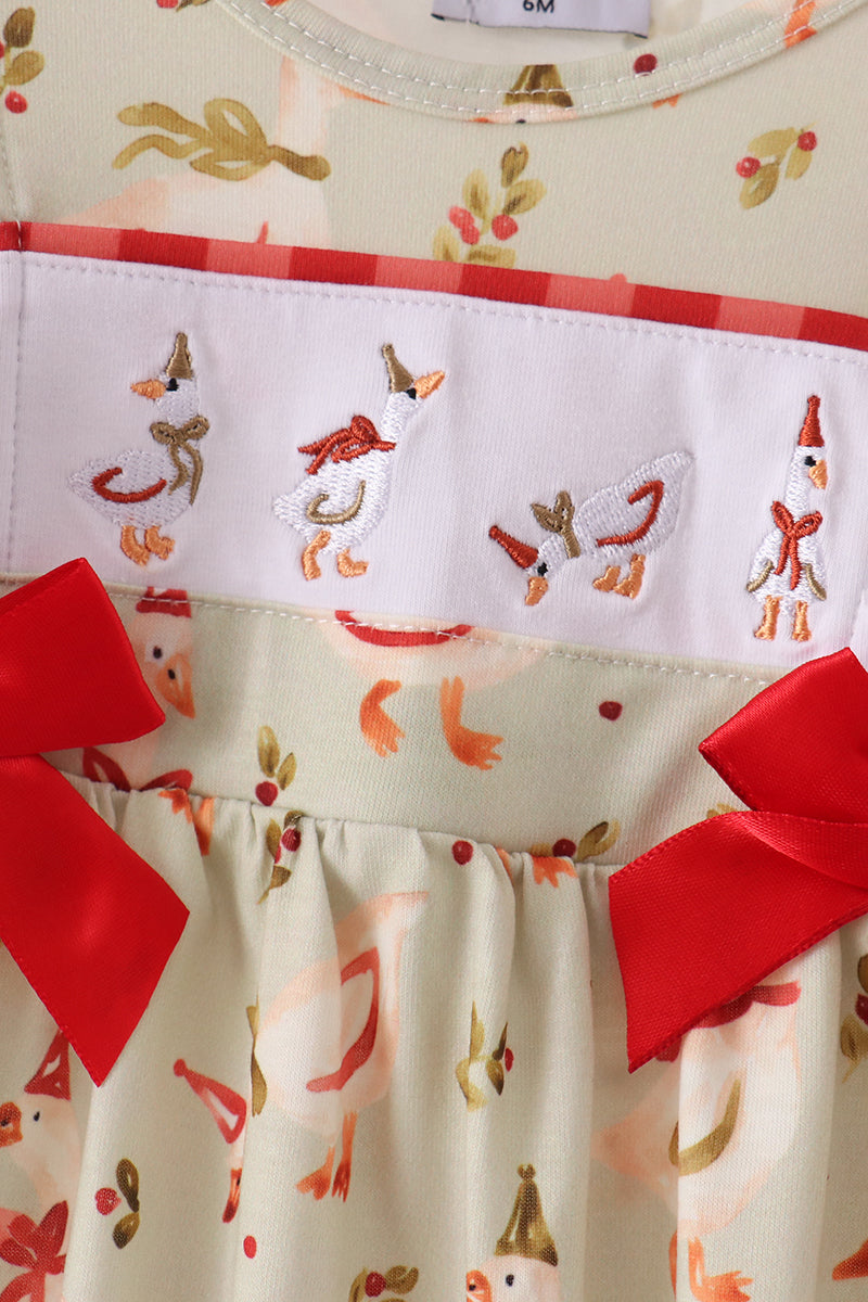 Goose embroidery ruffle bow romper
