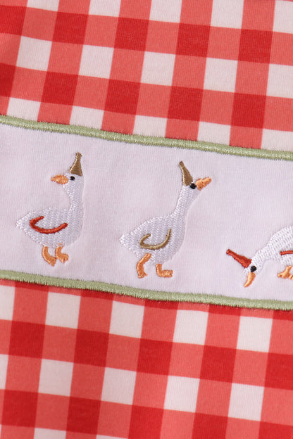 Red goose embroidery gingham romper