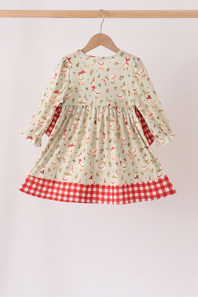 Goose embroidery ruffle gingham dress