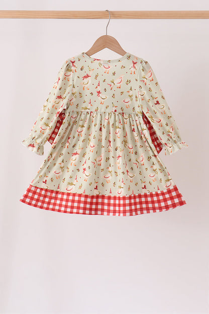 Goose embroidery ruffle gingham dress