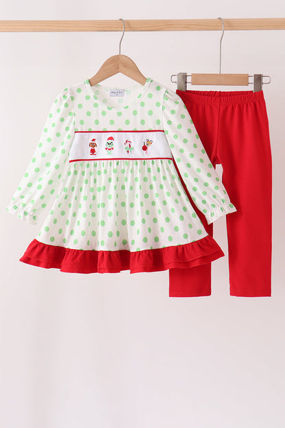 Green dot grinch embroidery ruffle pants set