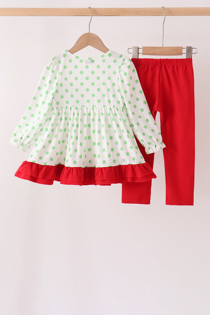 Green dot grinch embroidery ruffle pants set