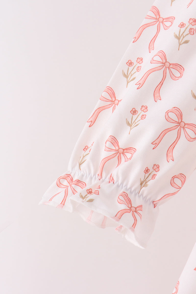 Pink bow embroidery ruffle pants set