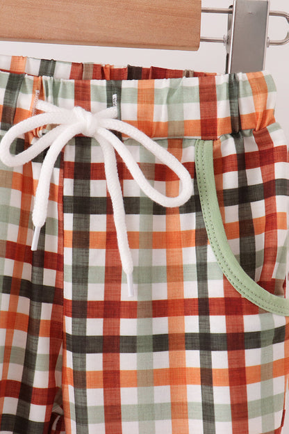 Sage deer embroidery plaid pants set
