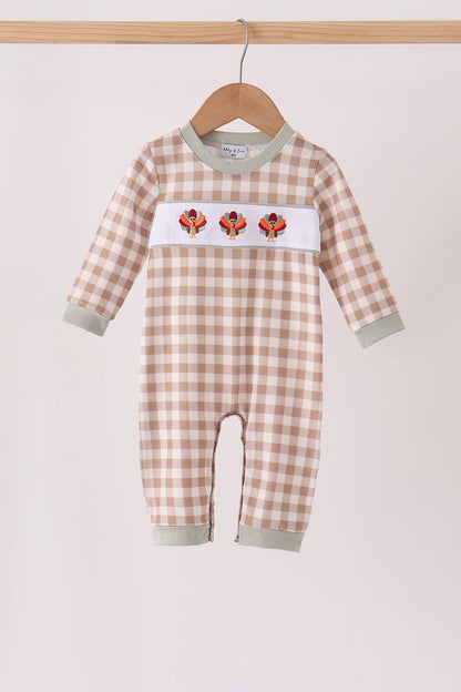 Brown turkey embroidery gingham romper