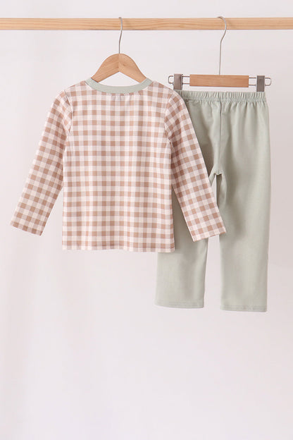 Brown turkey embroidery gingham pants set