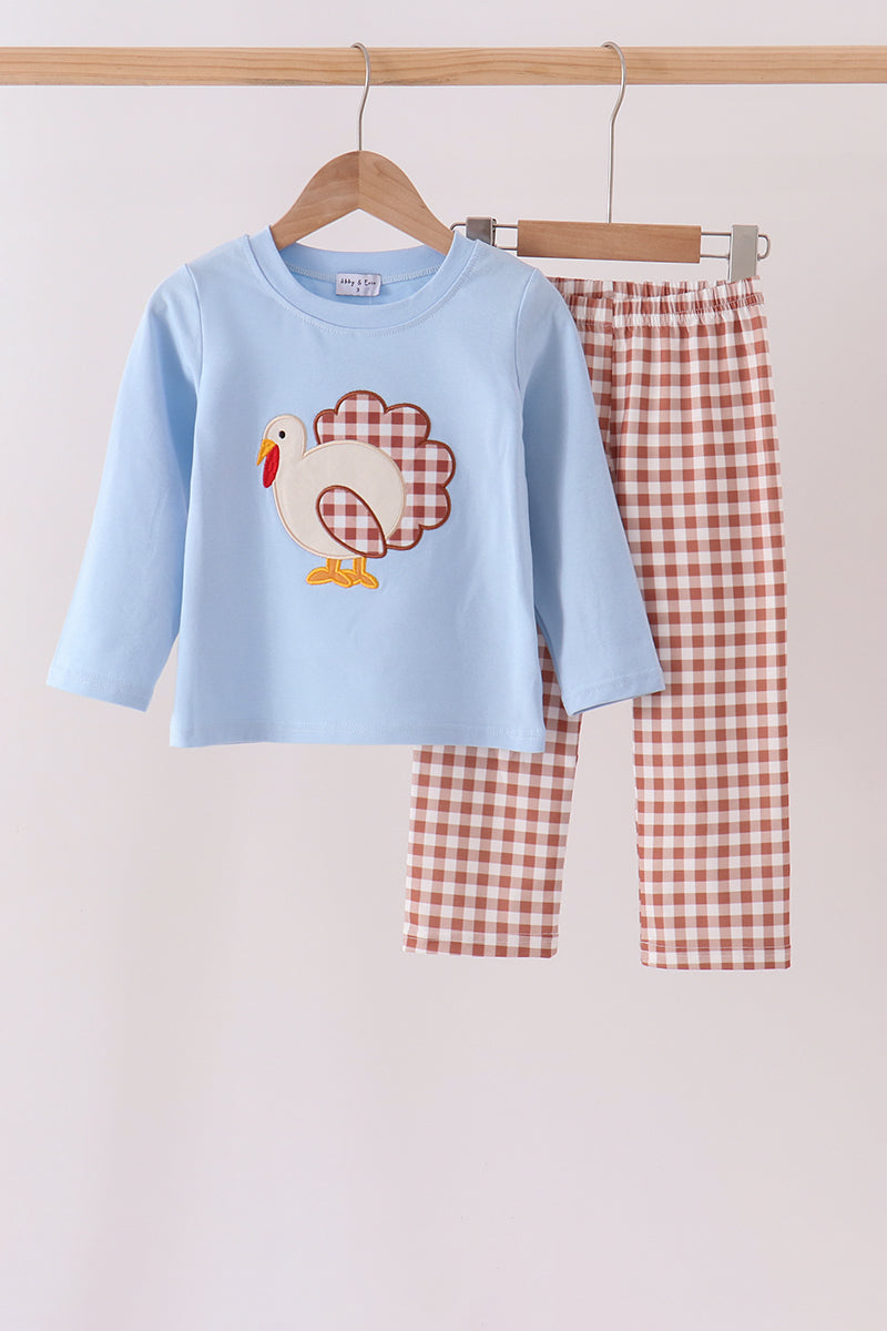 Blue turkey applique gingham pants set
