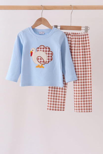 Blue turkey applique gingham pants set