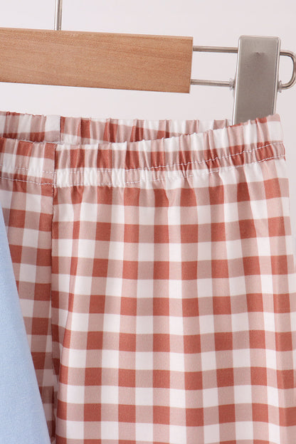 Blue turkey applique gingham pants set