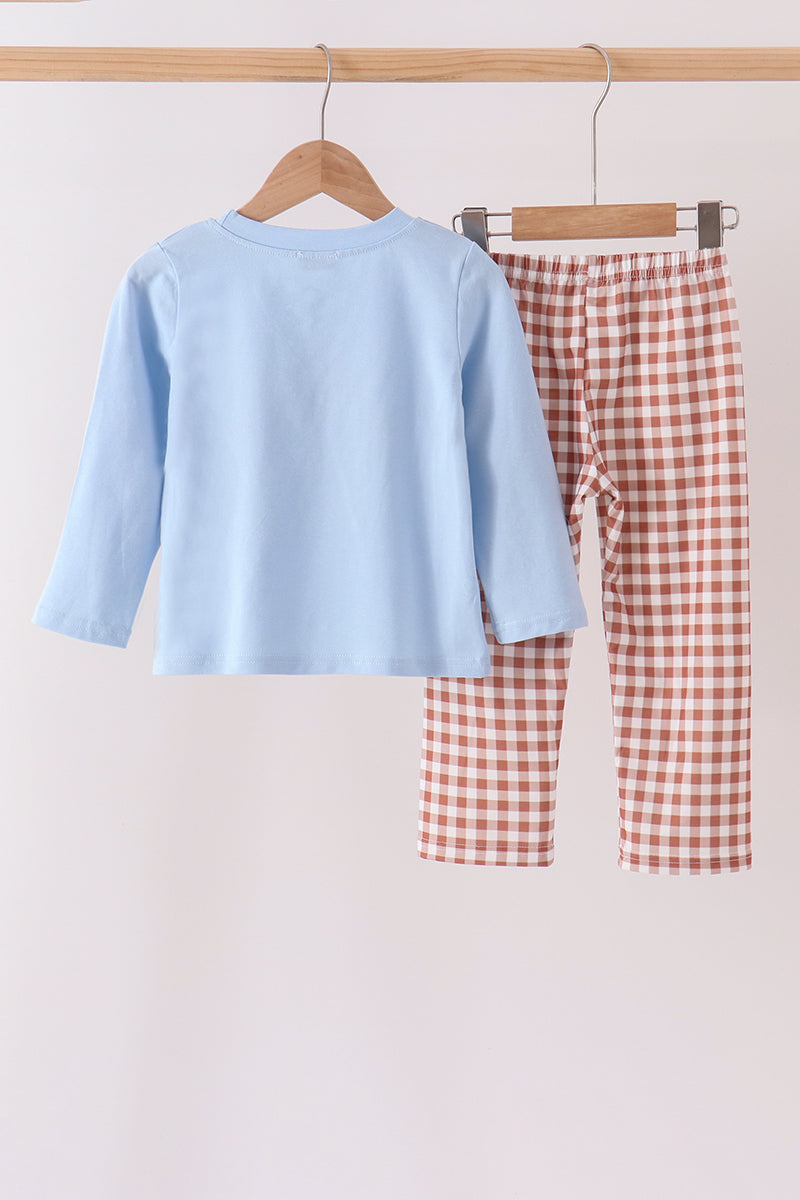 Blue turkey applique gingham pants set
