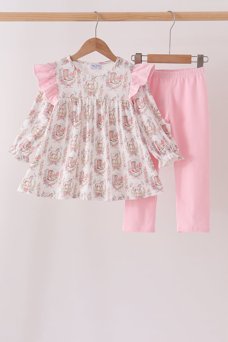 Pink horse ruffle pants set