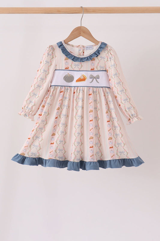 Pumpkin Pie Bow Embroidery Ruffle Dress
