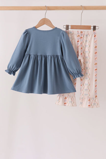 Pumpkin Pie Bow Embroidery Ruffle Pants Set