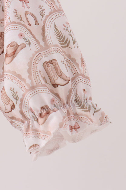 Brown Howdy Y'ALL embroidery ruffle bubble