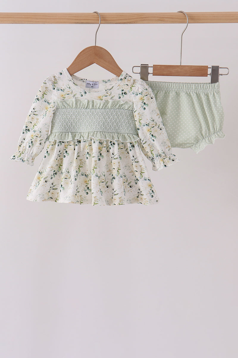 Sage floral smocked ruffle bloomer set