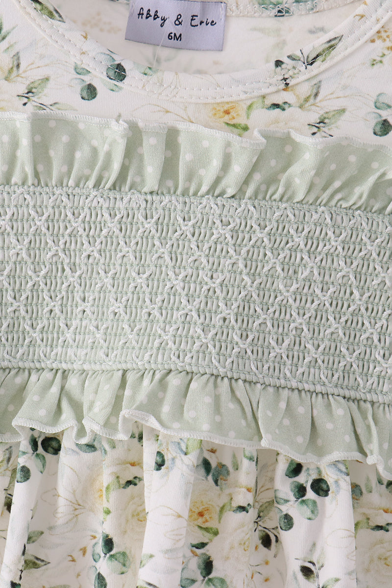 Sage floral smocked ruffle bloomer set